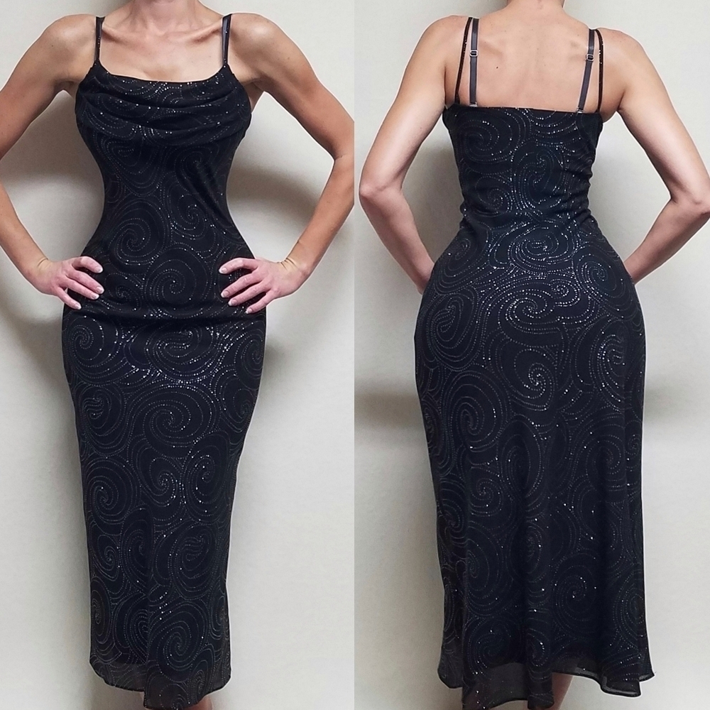 90s Vintage Karina Nites Black Silver Metallic Swirly Print Cowl Neck Maxi Dress